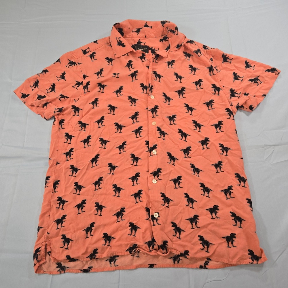Original Use Mens Dinosaur Print Short Sleeve Button Down Shirt Peach Size M